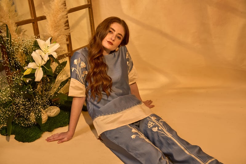 Blue and Cream Colorblocked Embroidered Co-ord Set