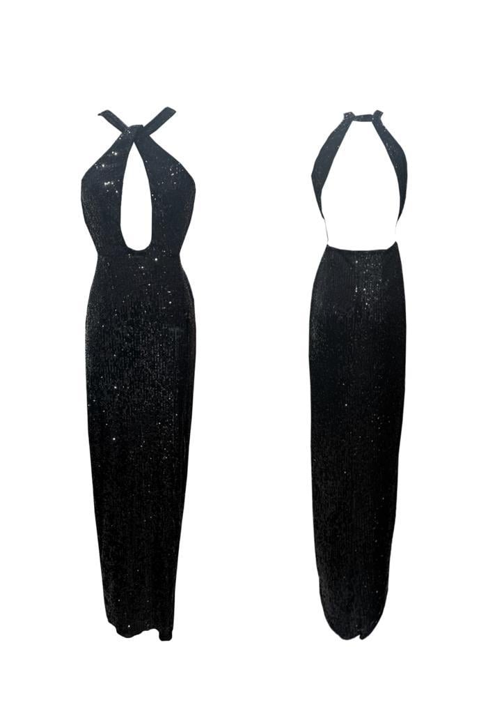 Black Sequin Halter Maxi Gown with Keyhole and High Slit