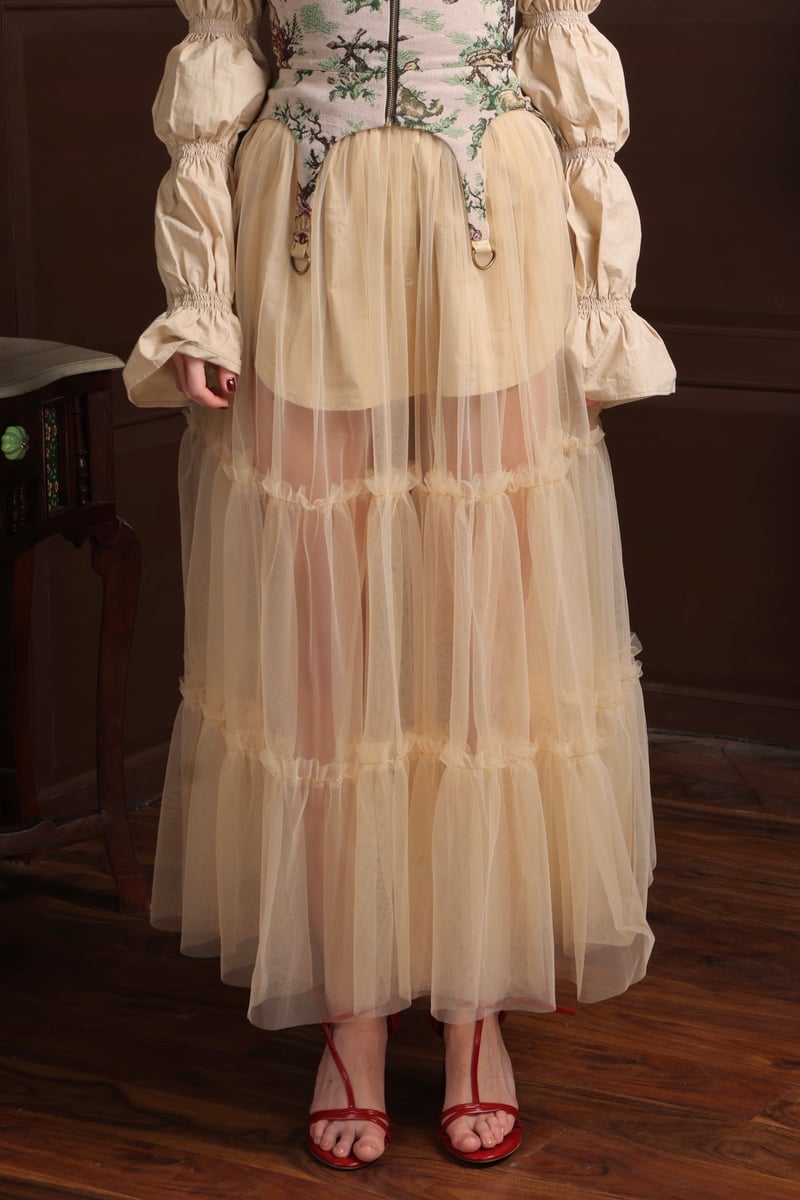 Beige Net Tiered Maxi Skirt — LABEL MUSLIN