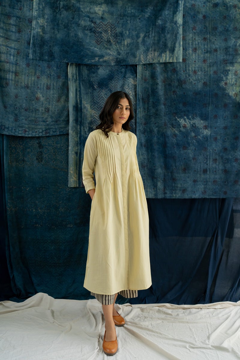 Natural White Cotton Pintuck A-Line Kurta with Pockets