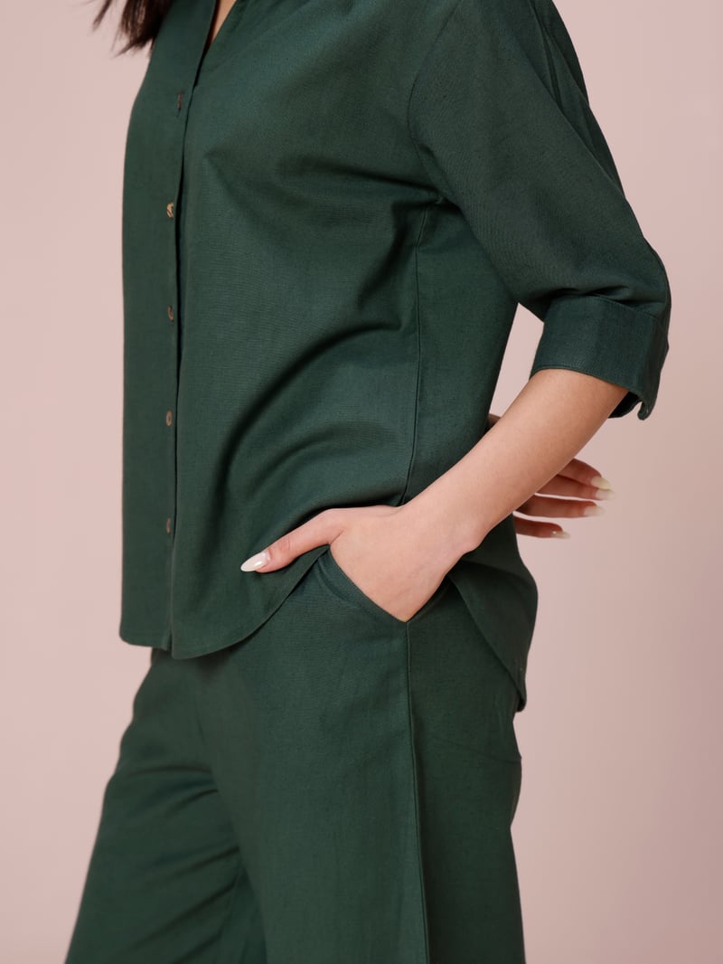Forest Green Linen Blend Shirt and Pants Co-ord Set
