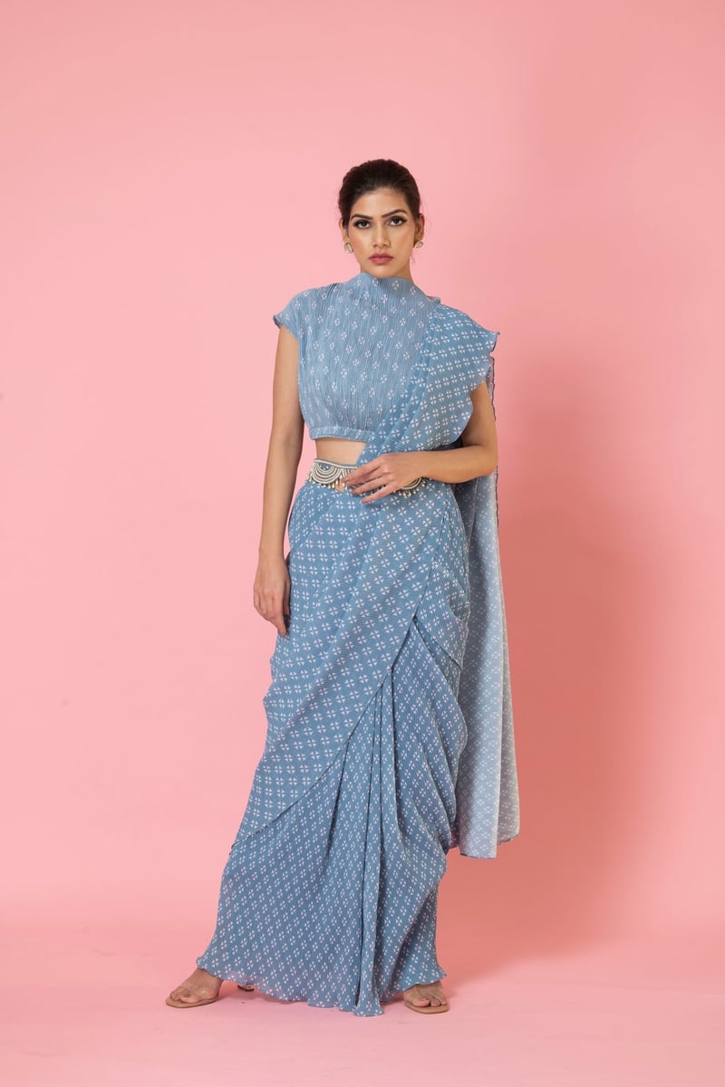 Blue Geometric Print Pre-Draped Georgette Saree Set