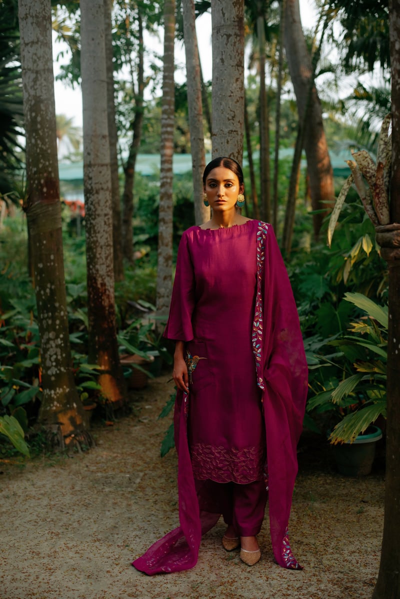 Pink A-Line Kurta Set with Boat Neck and Dupatta