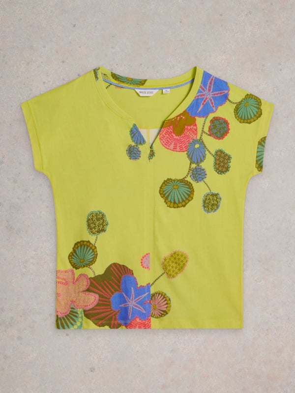 Yellow Print Notch Neck Cotton Jersey T-Shirt