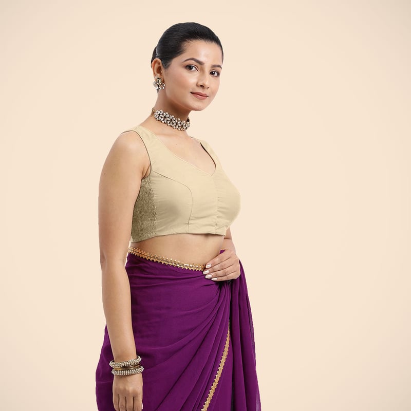 Cream Sleeveless Curved V-Neck Front-Open Saree Blouse