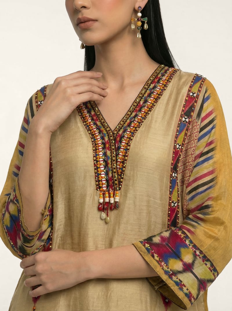 Beige Muslin Silk Printed Kurta Set with Embellished Placket