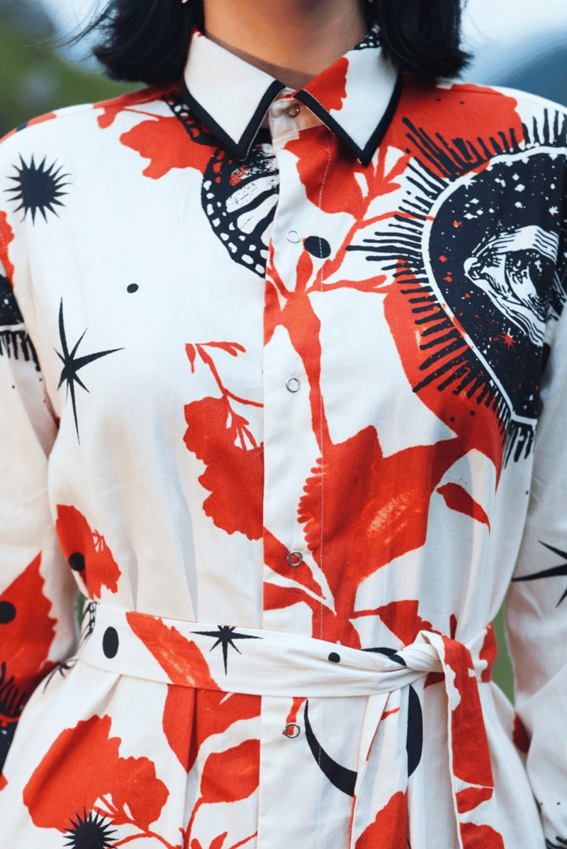 White/Red Printed Midi Shirt Dress with Detachable Belt