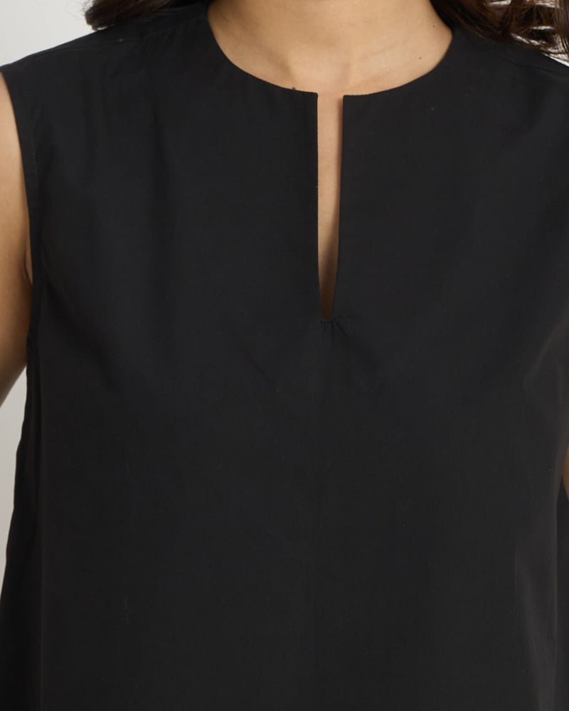 Black Cotton Notch-Neck Relaxed A-Line Sleeveless Top