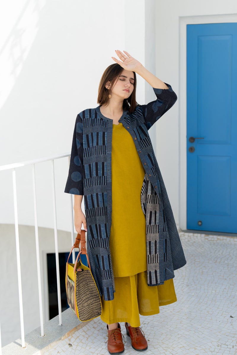 Black and Indigo A-Line Block Print Cotton Kurta