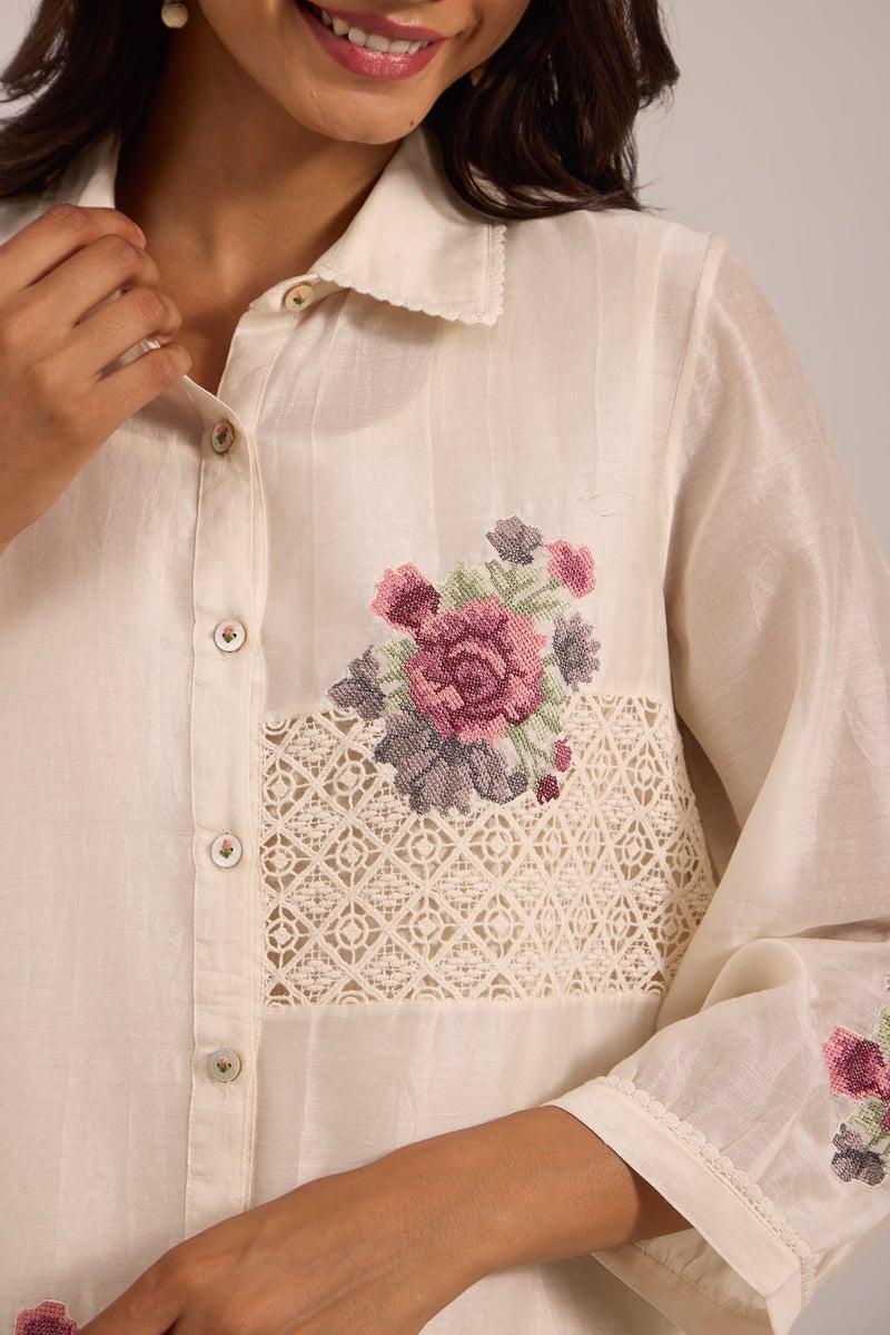 Off-White Sheer Chanderi Lace Panel Button-Down Shirt