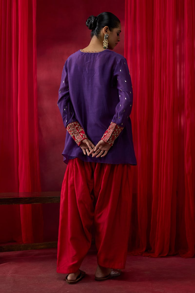 Purple Tunic and Red Salwar Co-ord Set With Embroidered Cuffs