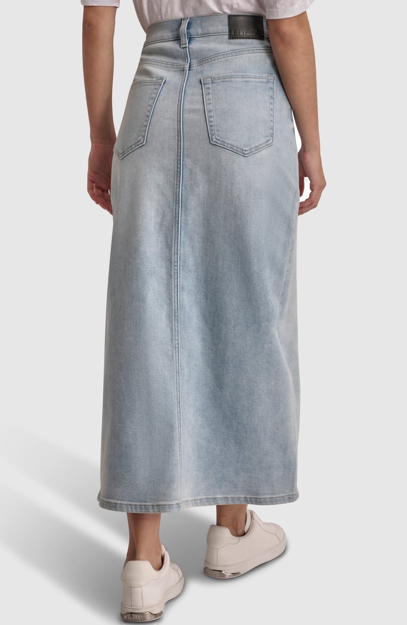 Light Wash Denim Maxi Skirt with Front Slit