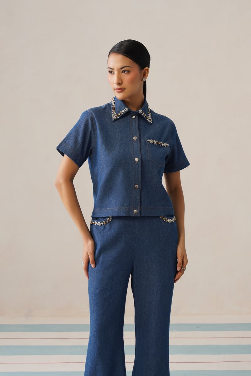 Blue Denim Embellished Collar Co-ord Set