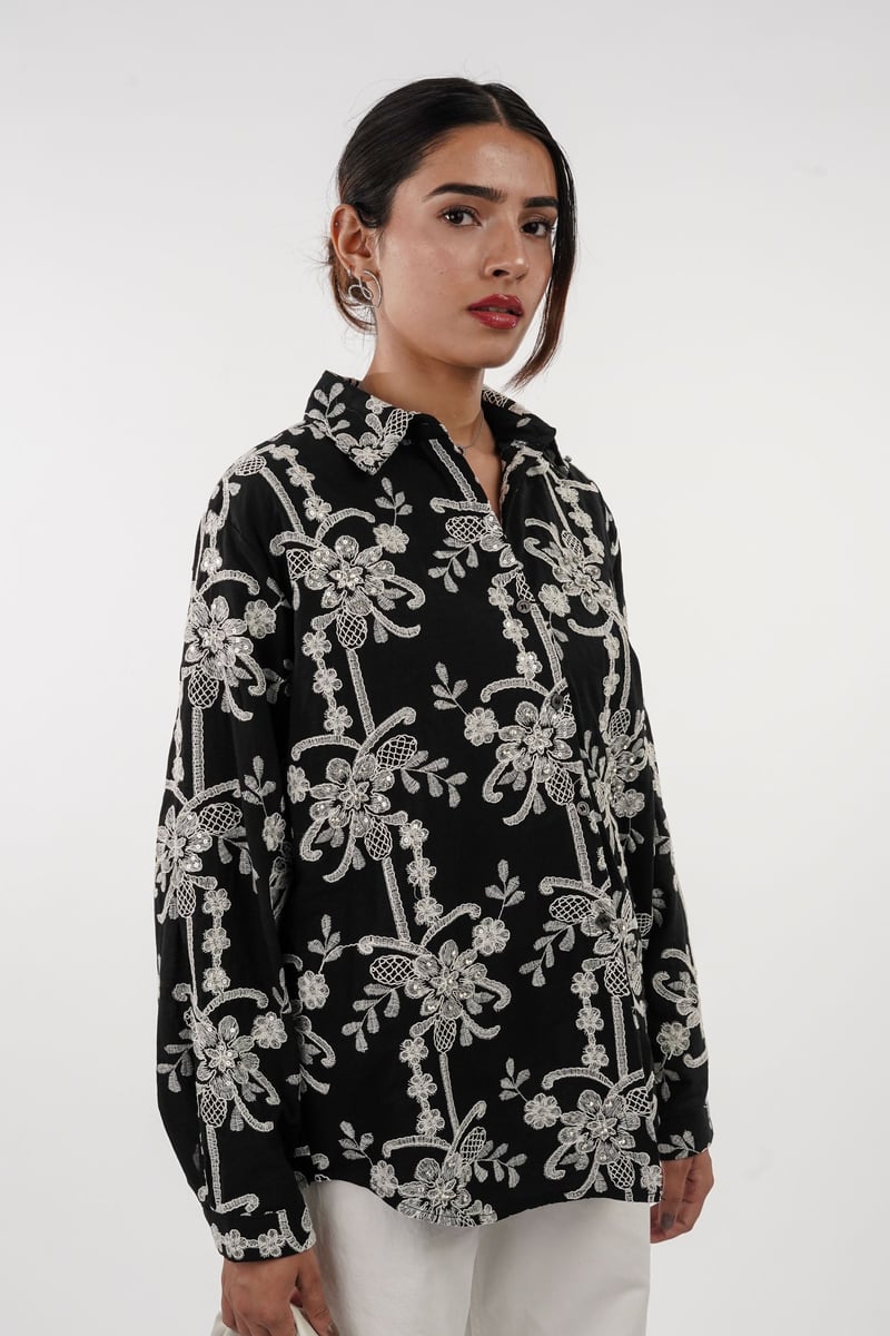 Black Embroidered and Embellished Button-Down Shirt