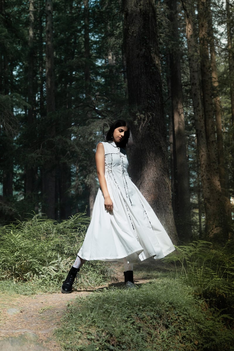 White Midi Shirt Dress with Contrast Piping and Side Tie