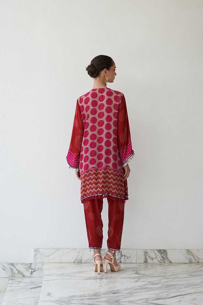 Pink Printed Mirror Work Kurta Set with Pants