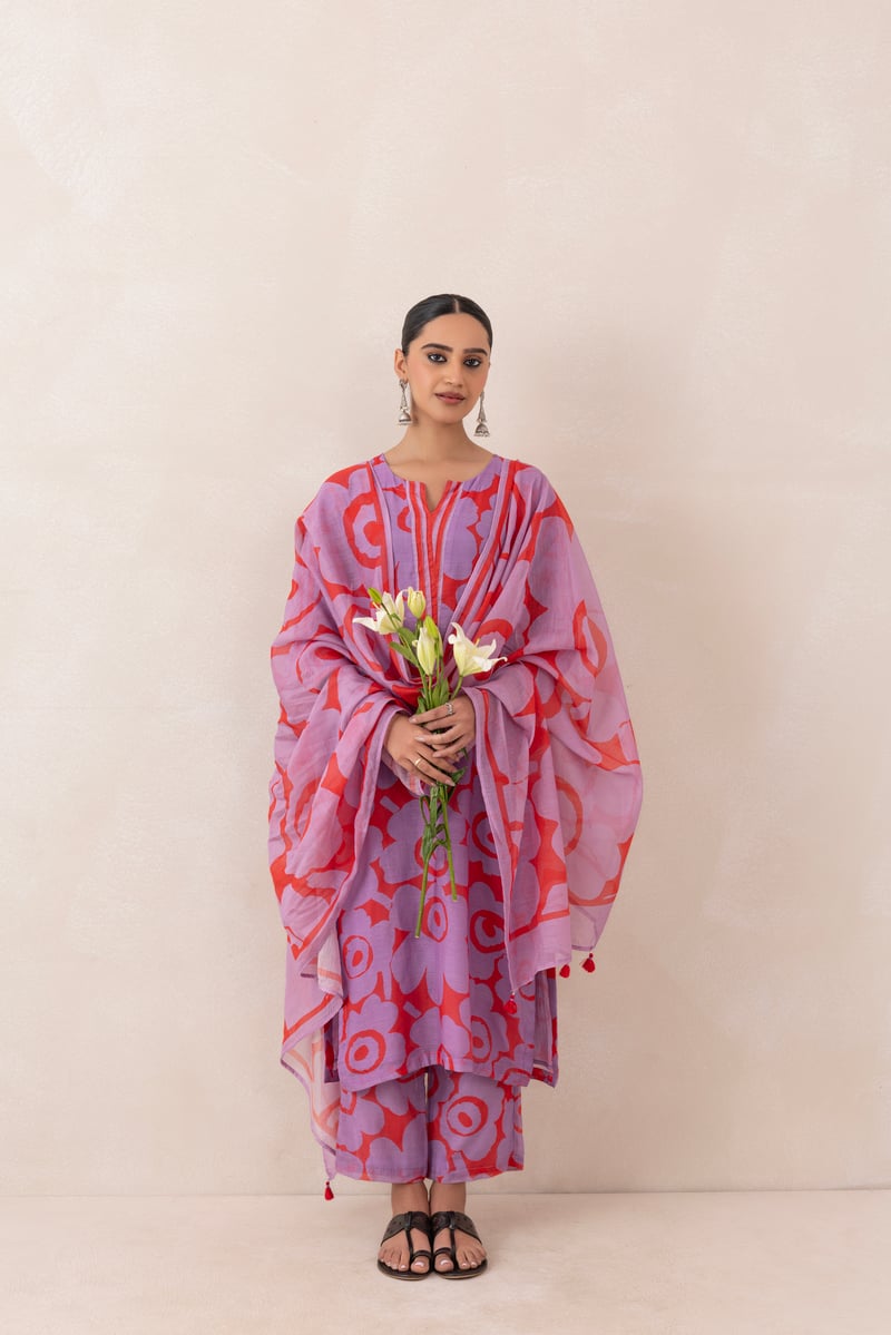 Red and Purple Printed Chanderi Kurta Set with Dupatta