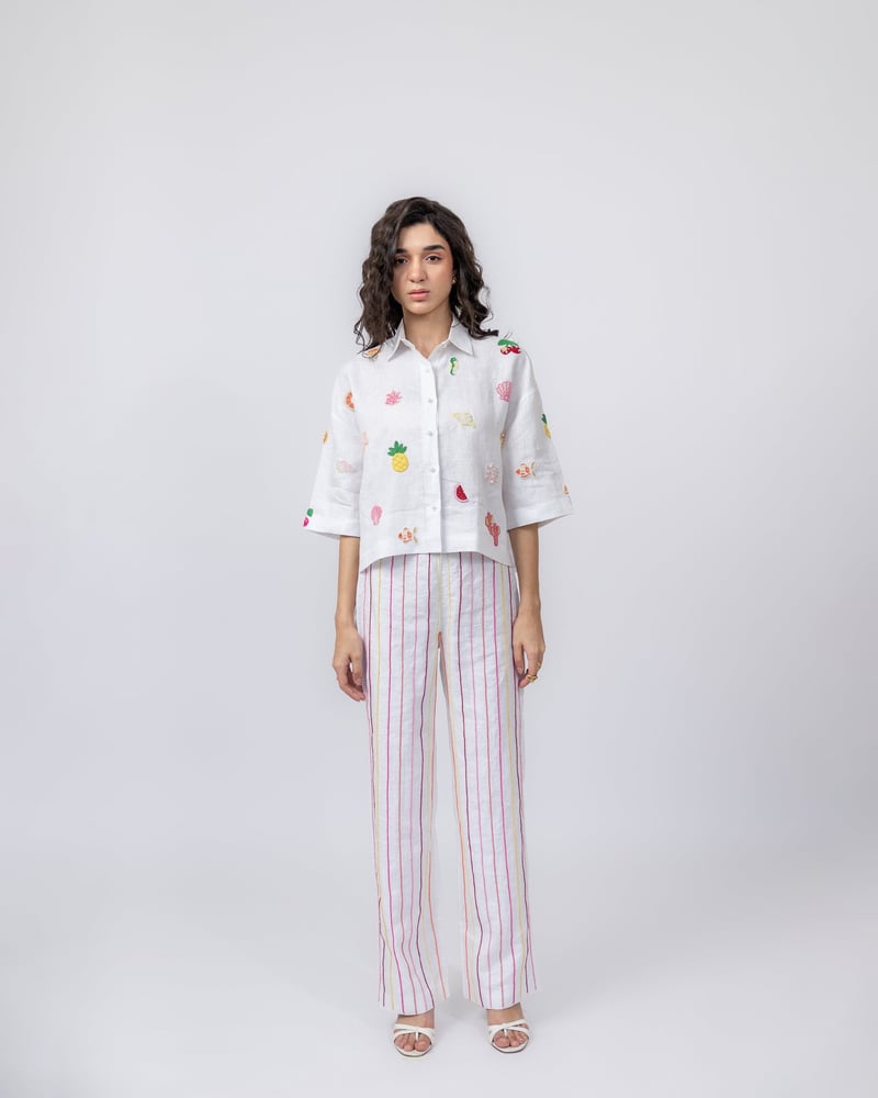 White Linen Hand-Beaded Motif Shirt