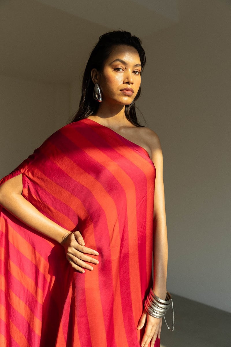 Orange/Pink One-Shoulder Asymmetrical Midi Dress