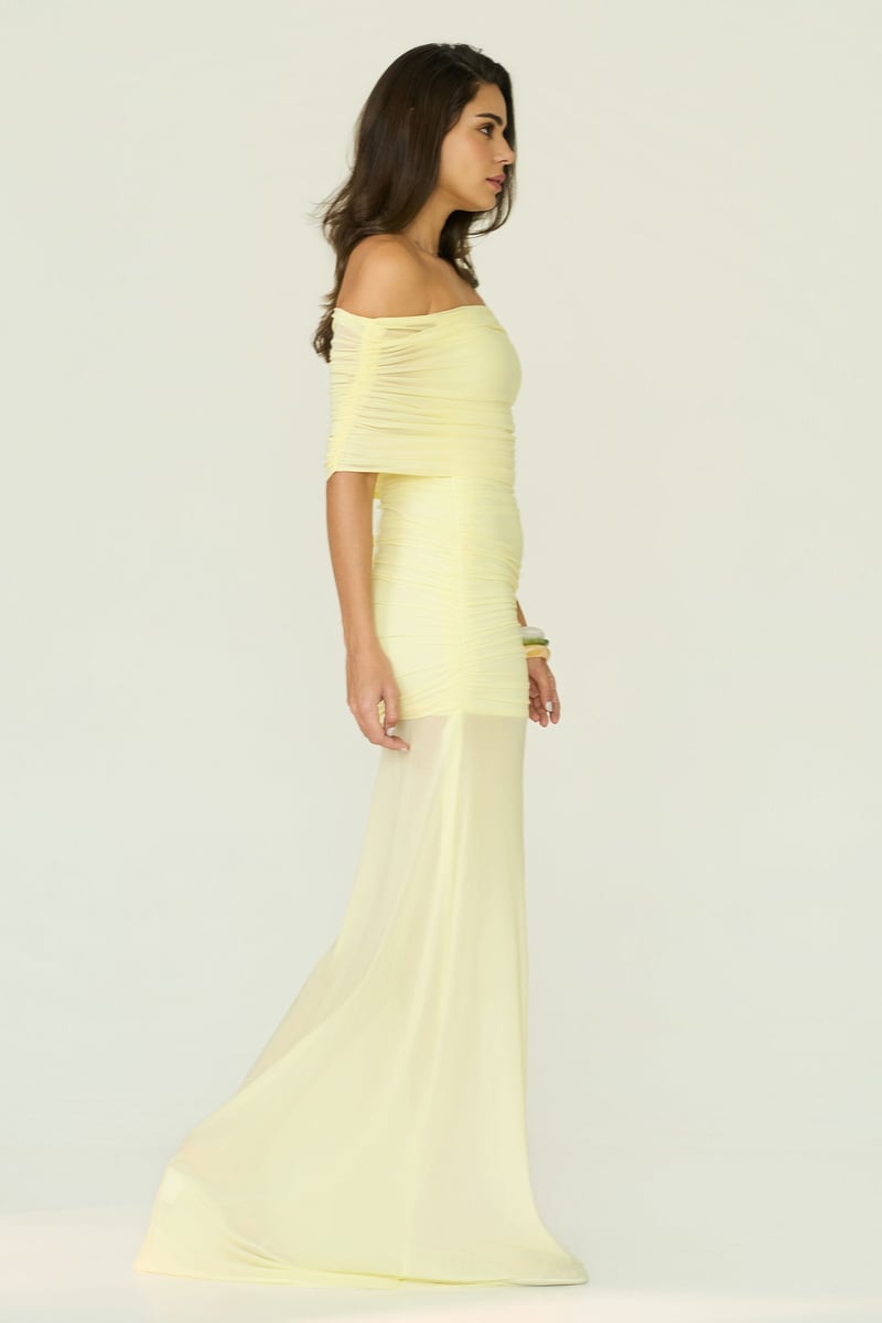 Butter Yellow Off-Shoulder Ruched Maxi Gown