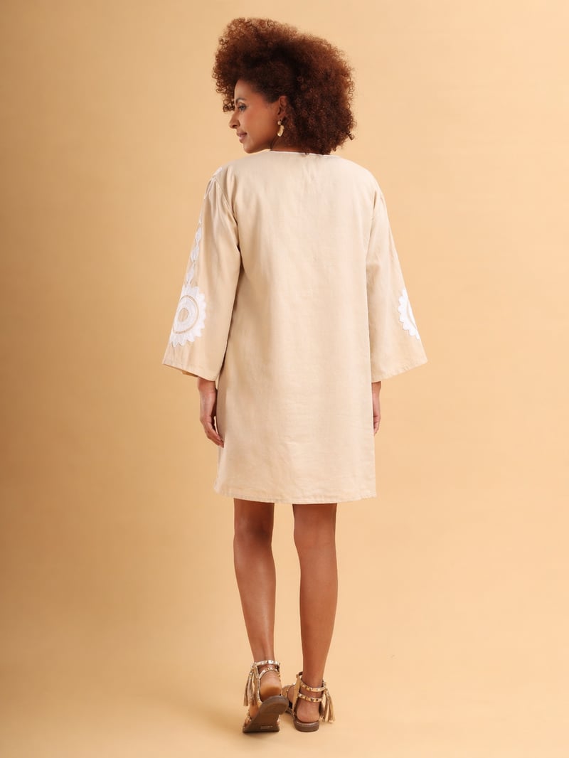 Beige Cotton Linen Kaftan Mini Dress with White Applique
