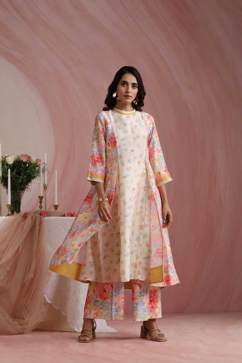 Ivory Floral Printed A-Line Kurta Set with Wide-Leg Trousers