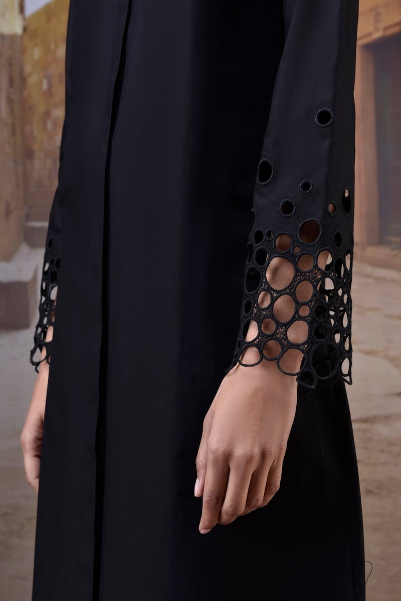 Black Poplin Midi Shirt Dress with Cutwork Sleeves