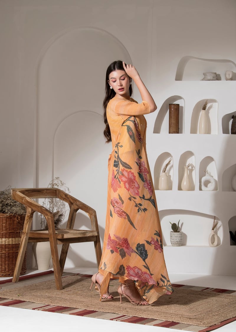 Golden Yellow Floral Kaftan Kurta Palazzo Co-ord Set
