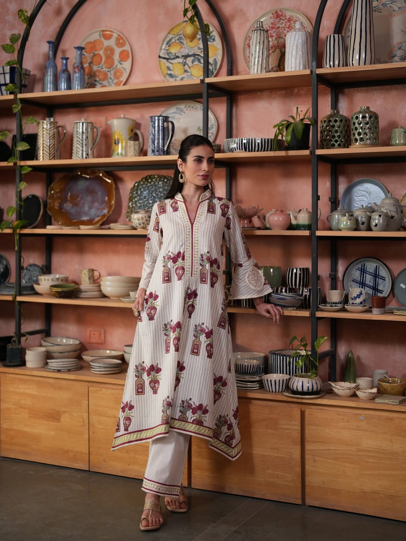 Multicolor Asymmetrical V-Neck Printed Cotton Kurta Set