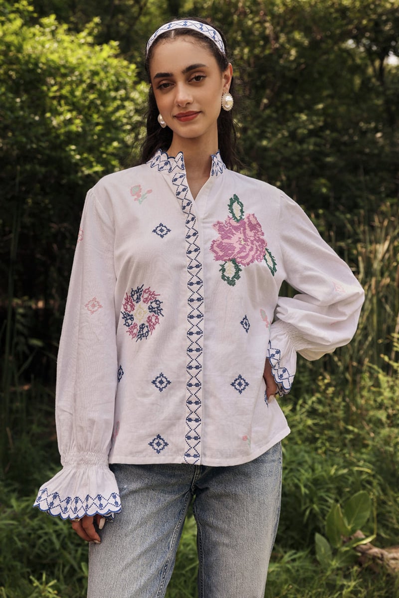 White Cotton Linen Embroidered Mandarin Collar Blouse — BOHO-CHIC