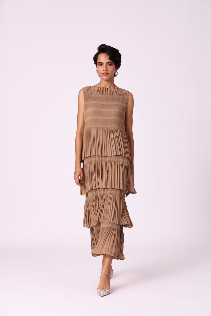 Taupe Tiered Pleated Chiffon Maxi Dress