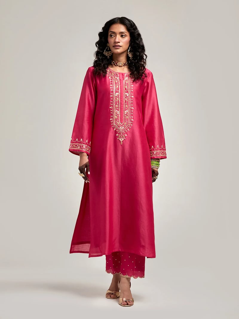 Fuchsia Silk Chanderi Embroidered Kurta Set with Pants — Anantaa