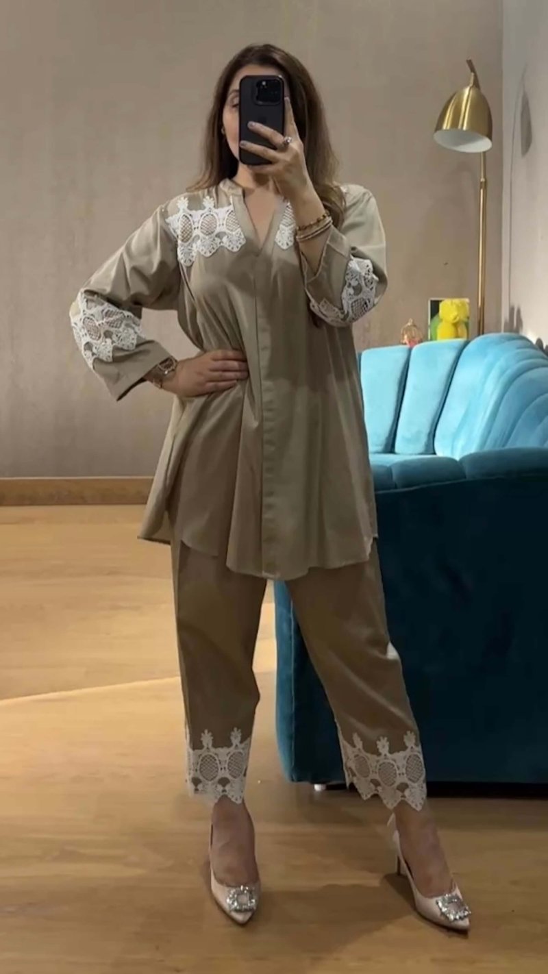 Mocha Luxe Cotton Lace Applique Co-ord Set