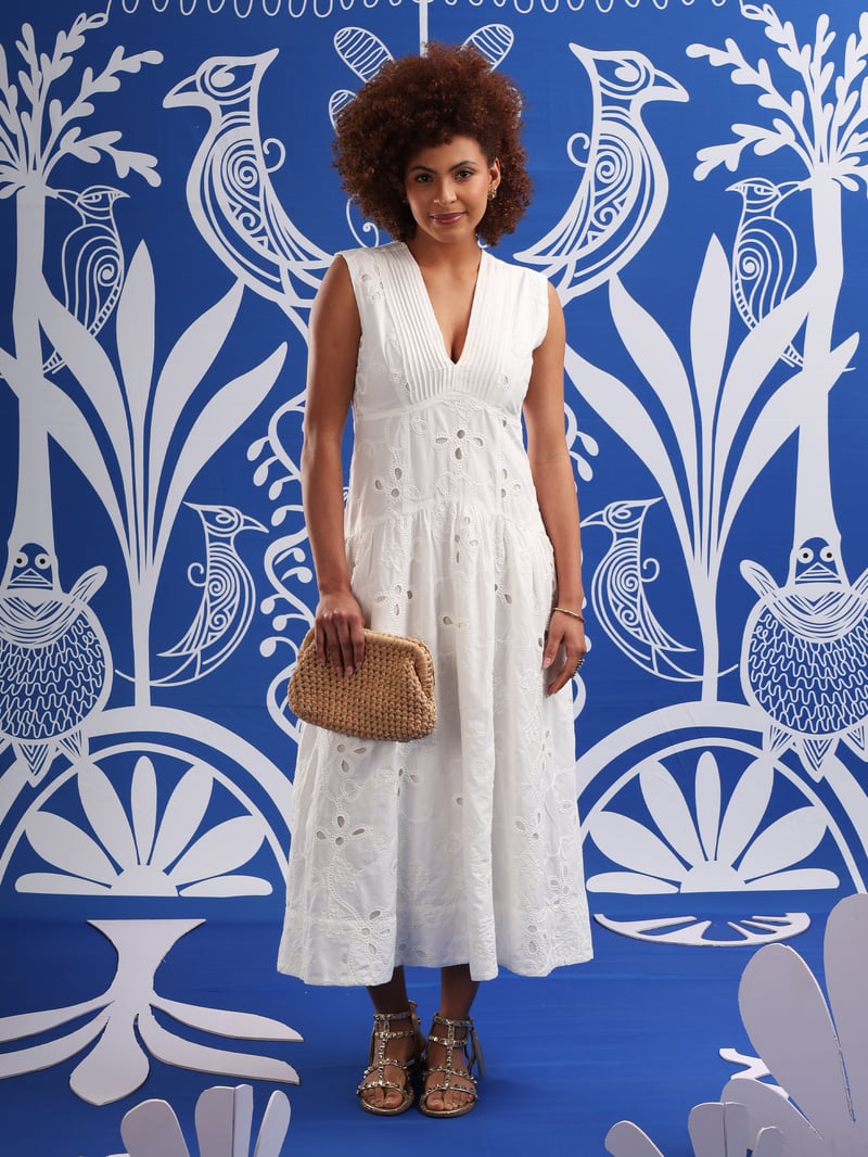 White Embroidered Cutwork Tiered Midi Dress