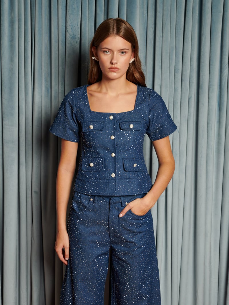 Blue Square-Neck Sparkle Button-Front Top