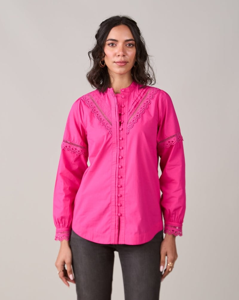 Pink Poplin Shirt Top with Lace Inserts and Mandarin Collar