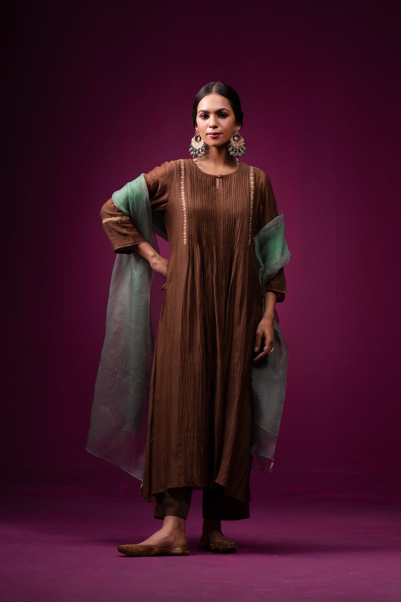 Brown Silk Chanderi Hand-Embroidered Kurta Set