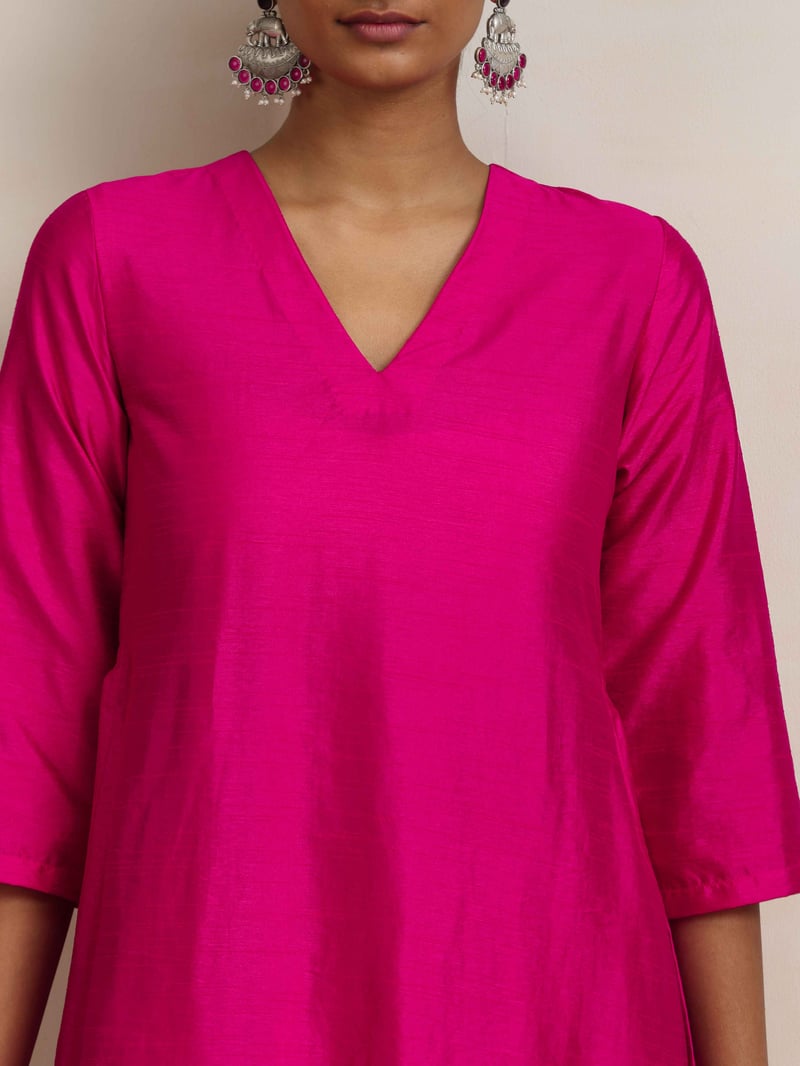 Pink Silk Blend High Slit Kurta Set