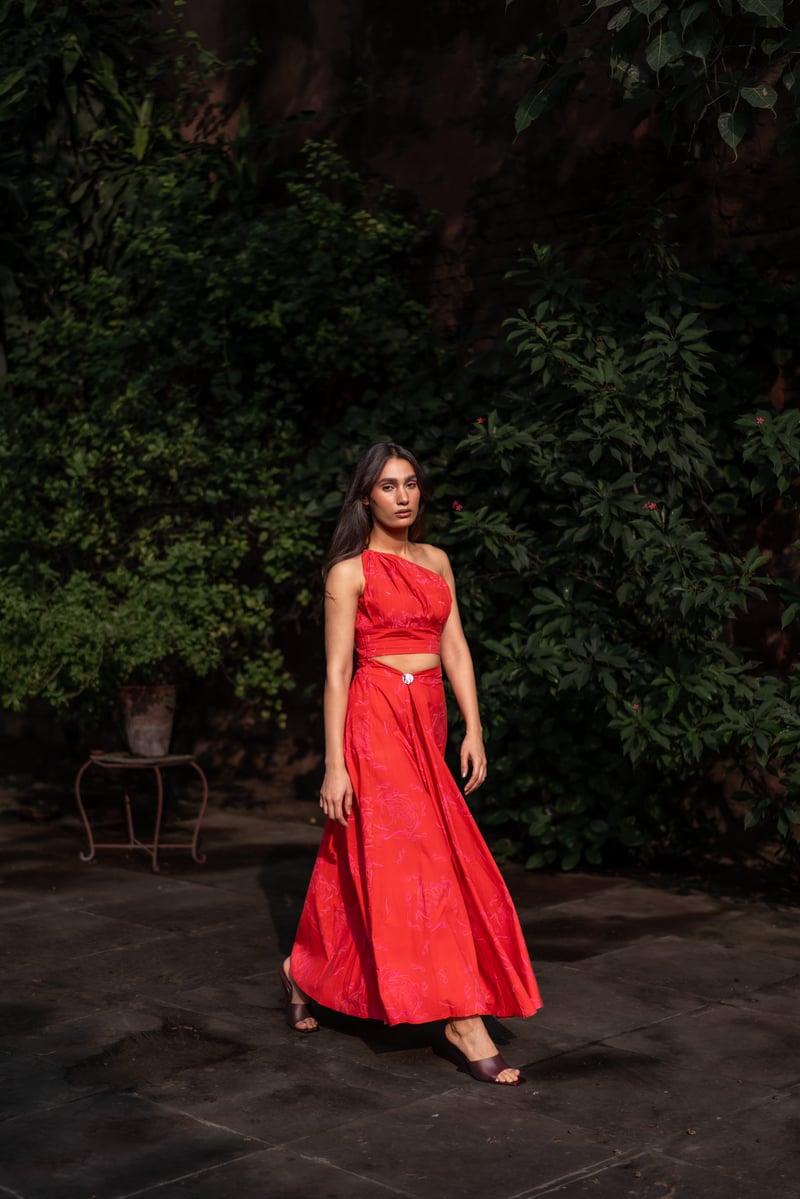 Red One-Shoulder Pleated Top and Maxi Skirt Co-ord Set — House of Mae