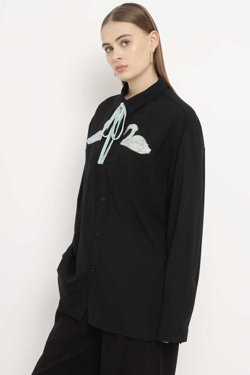 Black Oversized Swan Embroidered Shirt with Satin Necktie