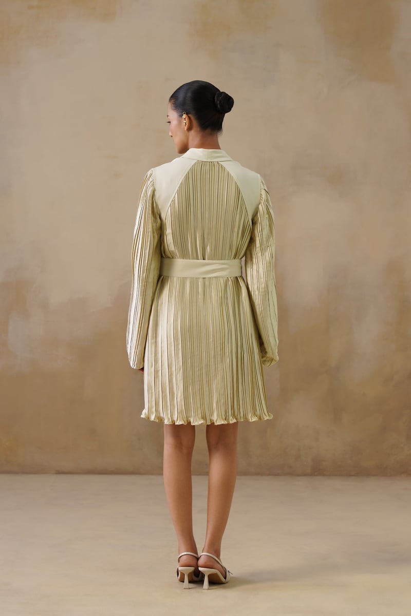 Champagne Gold Pleated Mini Dress with Belt
