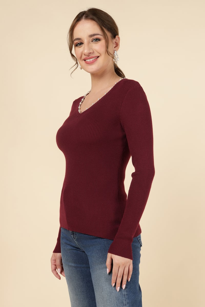 Bordo Rib-Knit V-Neck Sweater with Pearl Trim