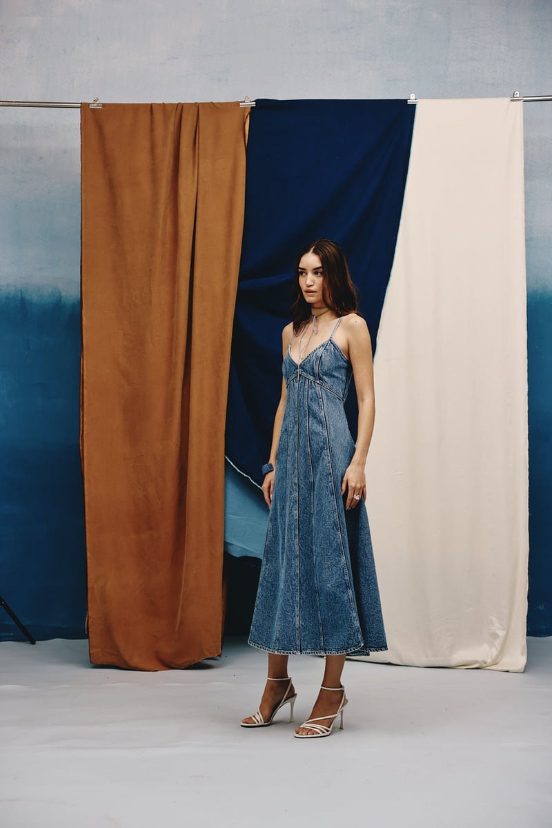 Acid-Washed Indigo Denim Fit and Flare Midi Dress