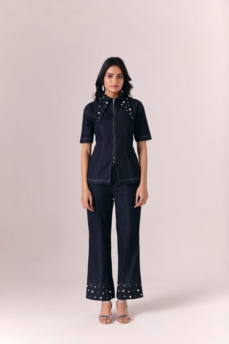 Black Denim Zip-Front Co-ord Set with Pearl Details — Savaaya