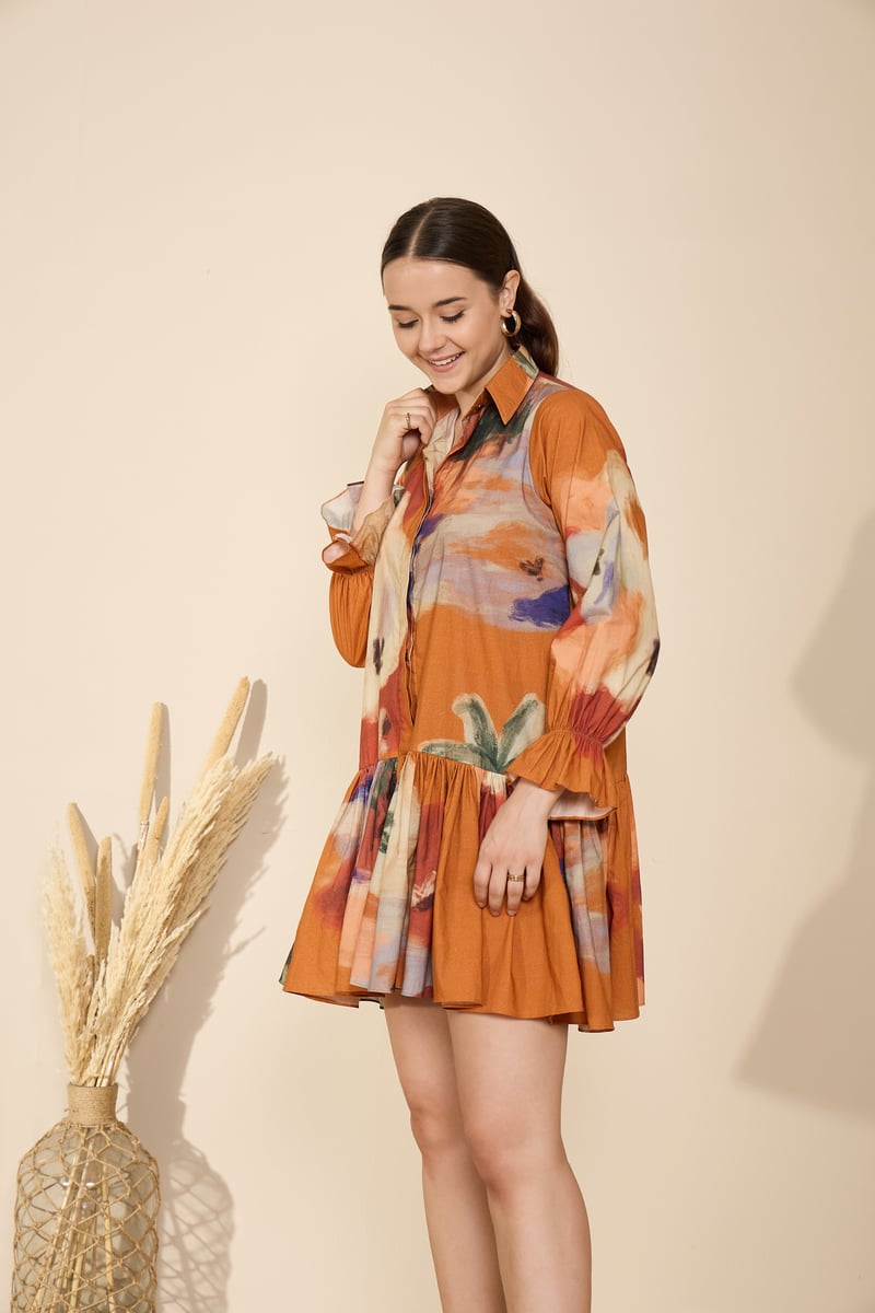 Rust Abstract Print Tiered Mini Shirt Dress
