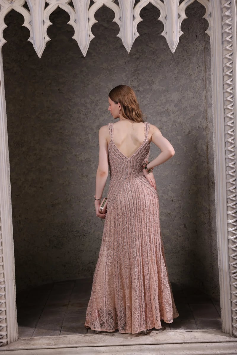 Peach Hand-Beaded Lace Maxi Gown