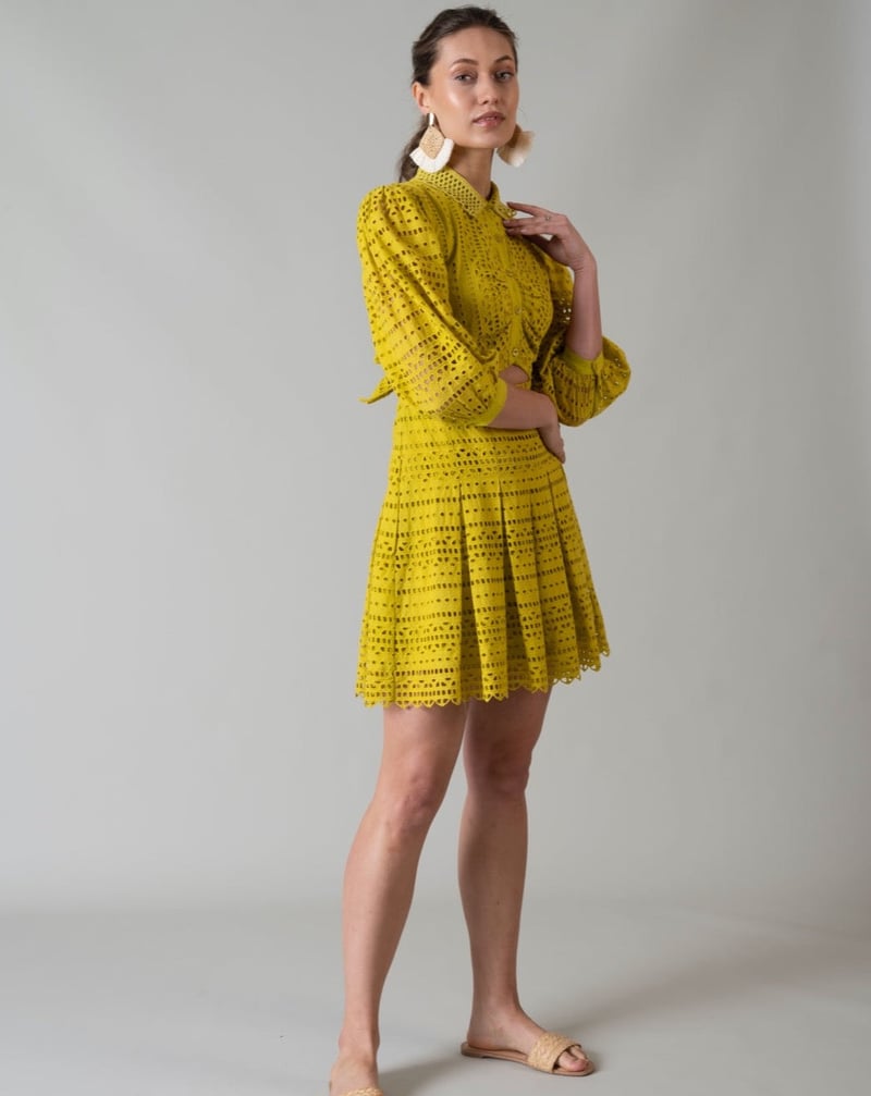 Lime Green Schiffli Cutwork Fit and Flare Mini Dress
