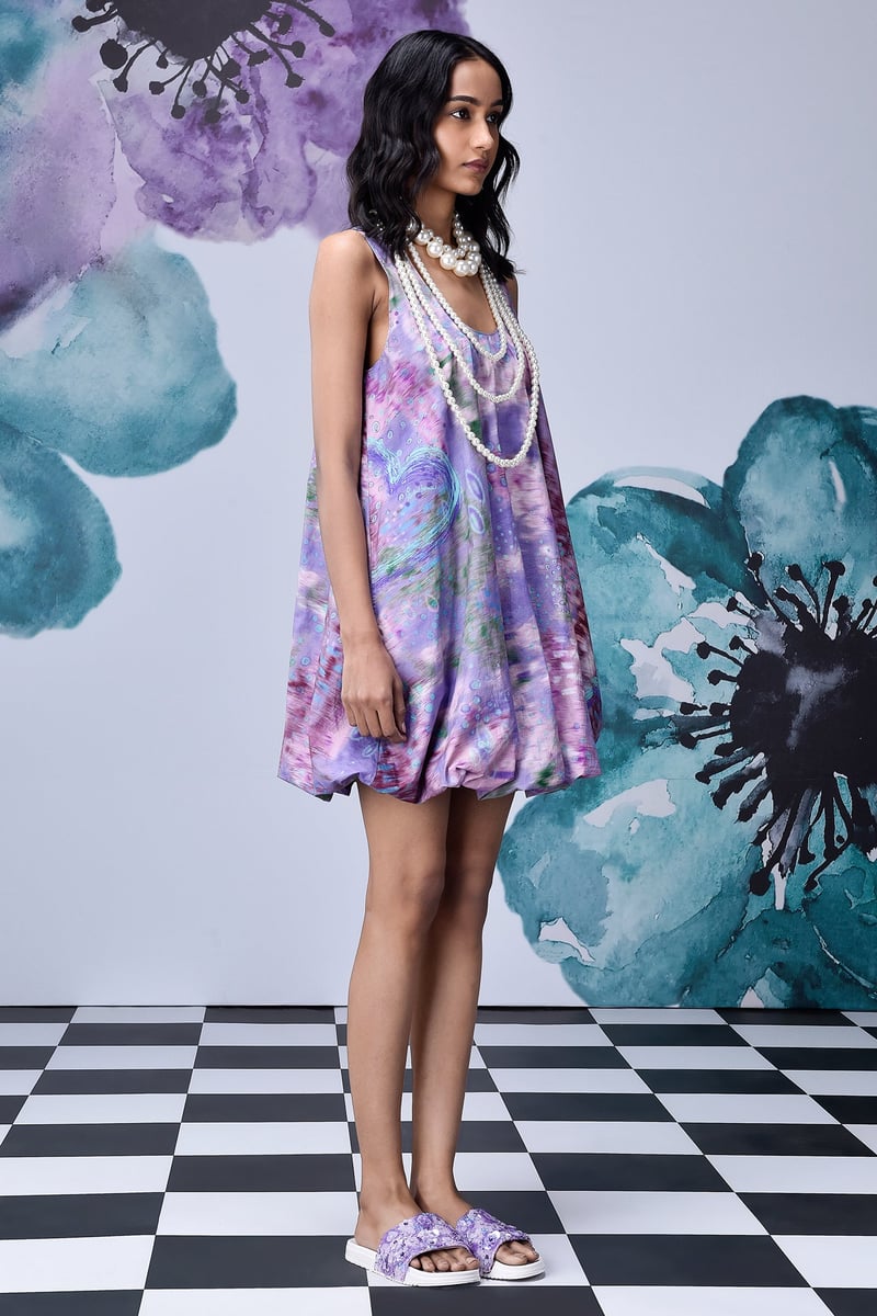 Lavender Abstract Print Mini Balloon Dress in Giza Cotton