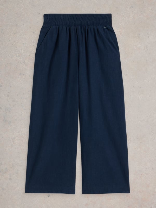 Dark Navy Pull-On Culotte Trousers with Smocked Waist