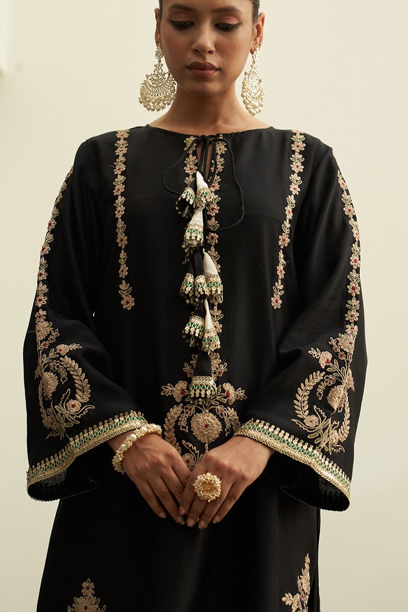 Black Chanderi Silk Embroidered A-Line Kaftan